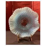 Vintage Fenton hobnail blue ruffled bowl