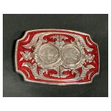 Double coin belt buckle with buffalo nickel/red