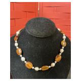 14 k yellow gold, FW pearl tiger eye necklace 18"