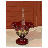 Fenton Ruby Red Ruffled Basket Vase 10" T