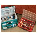Plastic toolbox and plastic bin full of misc items