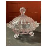 Mosser glass pink glass footed, covered candy dish