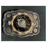 Dime belt, buckle, trimmed, and black and gold