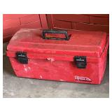 Red toolbox with miscellaneous tools