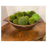 Faux Moss decorative balls in wooden bowl