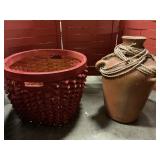 Wicker Basket & Clay Vase w/ decorative rope