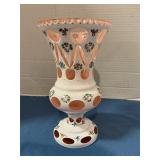 Bohemian white overlay glass vase 9' tall