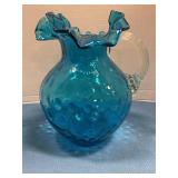 Vintage blue glass pitcher thumbprint pattern
