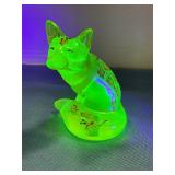 Fenton handpainted vaseline glass fox
