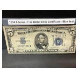 1934A five dollar silver note blue seal