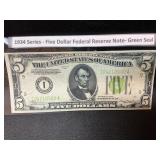 1934 five dollar federal reserve note green seal
