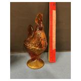 Amber glass rooster pedestal covered candy dish