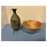Pottery bowl & metal vase