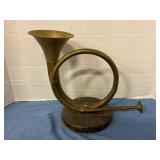 Brass Bugle horn  candle holder on wooden base