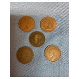 5- British Large Pennies Assorted Dates