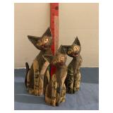 3 cat Statues Wood  Carved & Painted