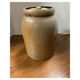 Antique glazed stoneware storage jar W/lid 9ï¿½ tall