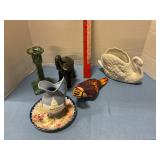 Ceramic elephant, swan planter, vase & parrot