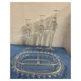Heisey glass dish & glass candle stick holders