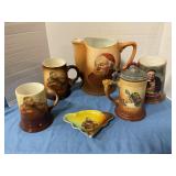 Antique monk pottery pitcher & mugs