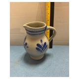 Stoneware pitcher w/ blue flower & repaired handle