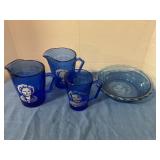 Shirley Temple cobalt blue pitcher, glass & bowl