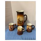 Antique monk pottery pitcher & mugs