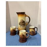 Antique monk pottery pitcher & mugs