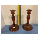 Tiara Amber Sandwich Pressed glass candlesticks