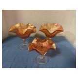 Vintage marigold Carnival glass footed compotes