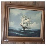 SIGNED SHIP SCENE ON CANVAS SIGNED SHIP SCENE ON CANVAS