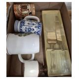 ASSORTED STEINS, CREAMER, CAKE SERVING PCS