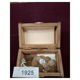 WHEAT PENNIES IN WOODEN MINI CHEST