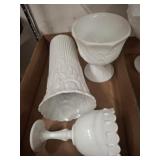 MILK GLASS STEM, VASE AND COMPOTE