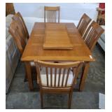 DINING TABLE, 6 CHAIRS, ONE 18 INCH LEAF W/ PADS