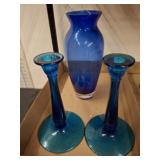 BLUE ART GLASS VASE, AND CANDLE STICK HOLDERS