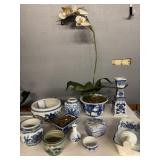 BLUE AND WHITE PLANTERS, FEW CHIPPED