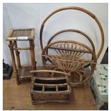 3 PC RATTAN-MAGAZINE RACK, SILVERWARE CADDY,