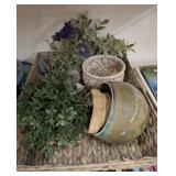WICKER TRAY AND ASSORTED PLANTERS