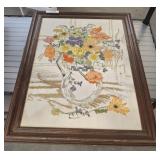 FRAMED NEEDLEWORK VASE OF FLOWERS SCENE