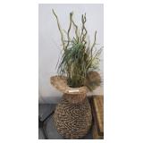 LARGE WICKER TYPE DECORATIVE VASE W/ ARTIFICIAL DE