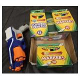 NERF STYLE GUN, CRAYONS, MISC