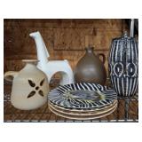 OIL PITCHER, VASE AND SAUCERS