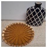 Ceramic Vase and Decorative Metal Tray Set