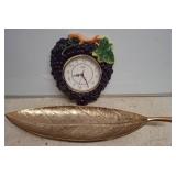 Grape-Shape Wall Clock and Gold-Tone Leaf Tray