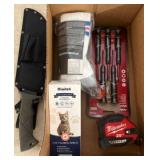 Box Lot: Knife, Socks, Cat Spray, and Tools