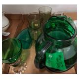 Green Glass Pitcher and Assorted Goblets Set