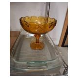 Amber Glass Pedestal Bowl and Clear Glass Tray