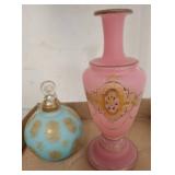Pink and Blue Glass Bottles with Gilded Accents