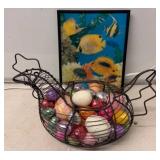 Wire Basket with Decorative Eggs and Fish Print